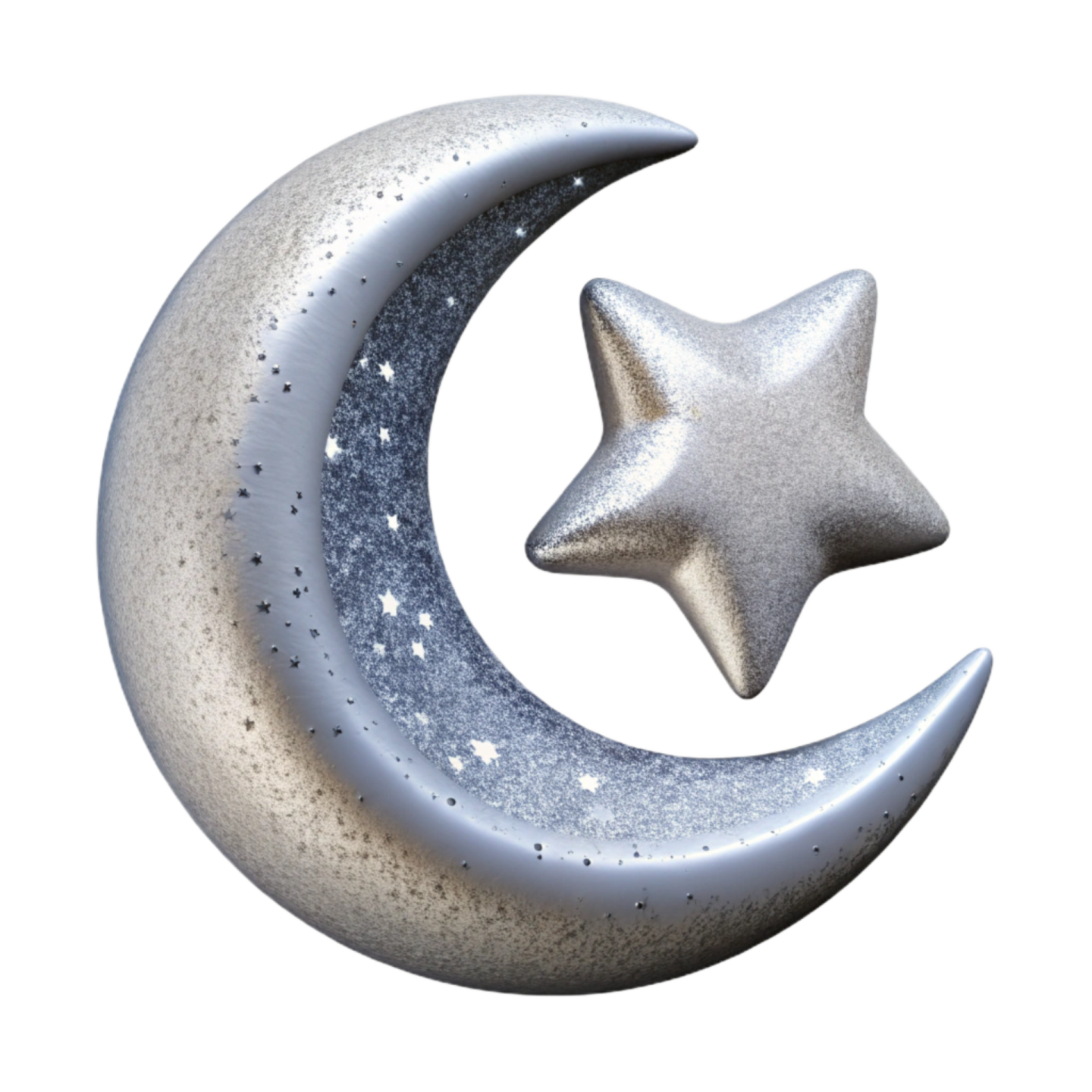a silver crescent and star on a white background