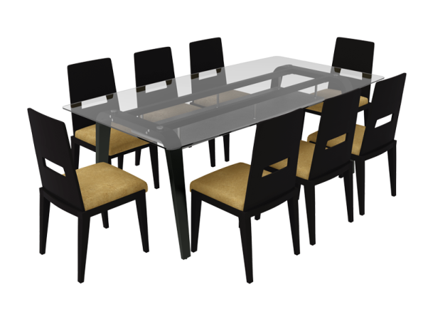 a glass dining table with four chairs