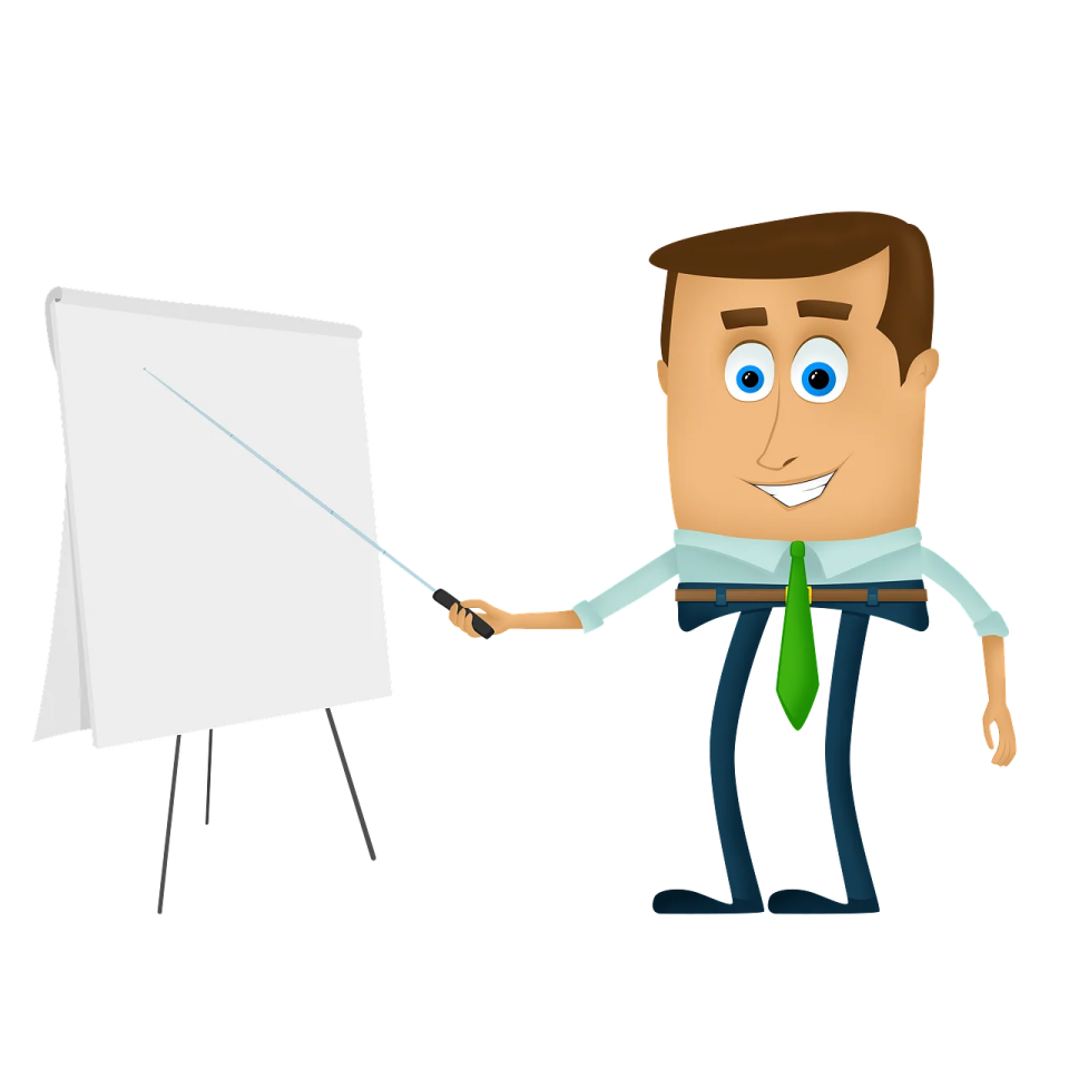 a cartoon man pointing at a whiteboard