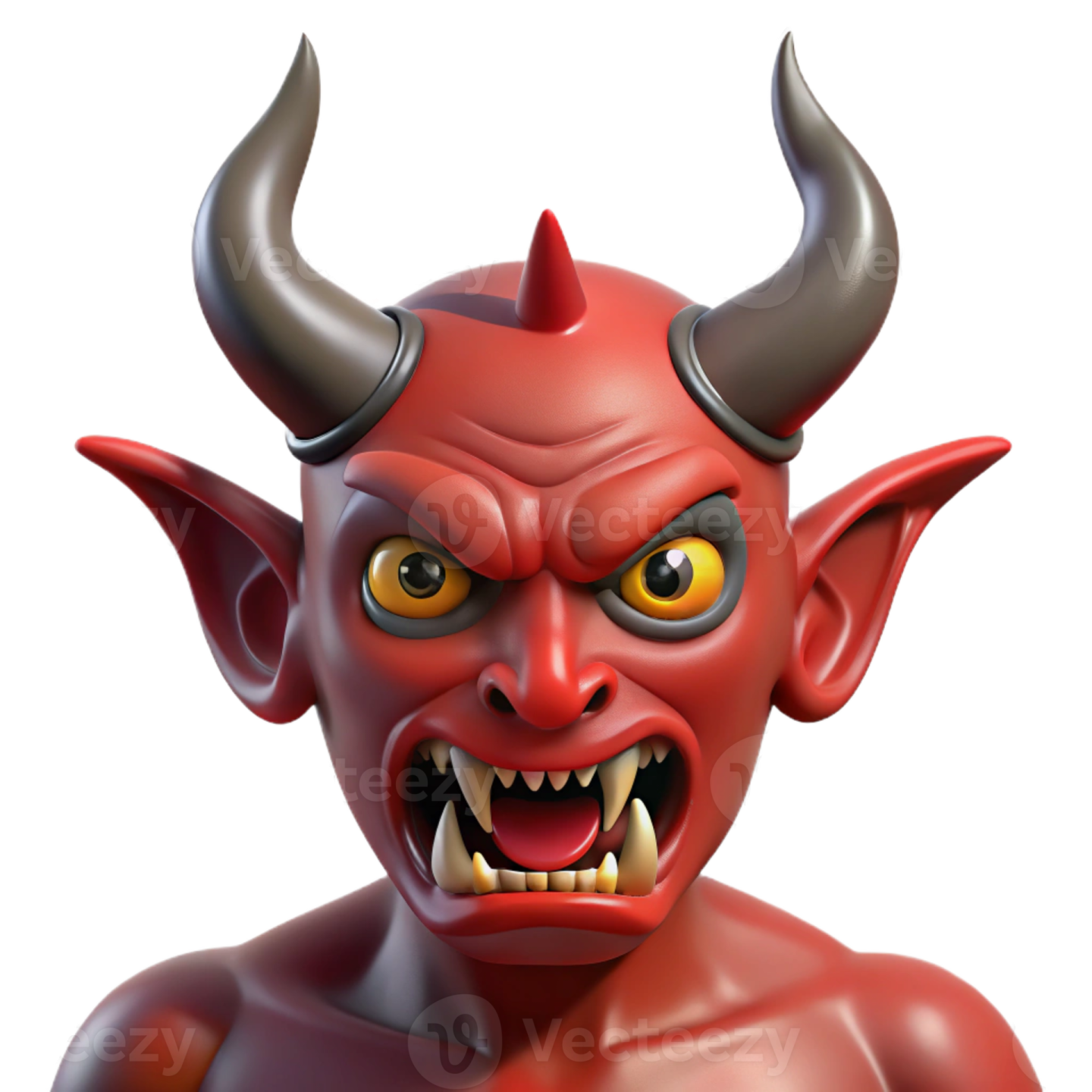 a red devil with horns and fangs on his head