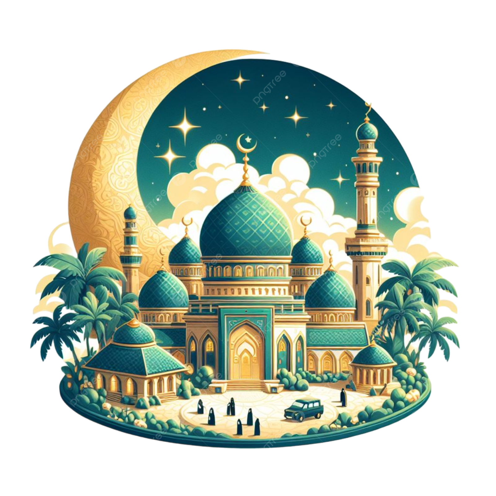a mosque in the desert with palm trees and moon