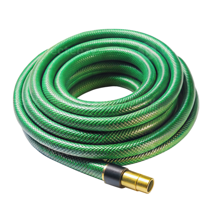 a green garden hose on a white background