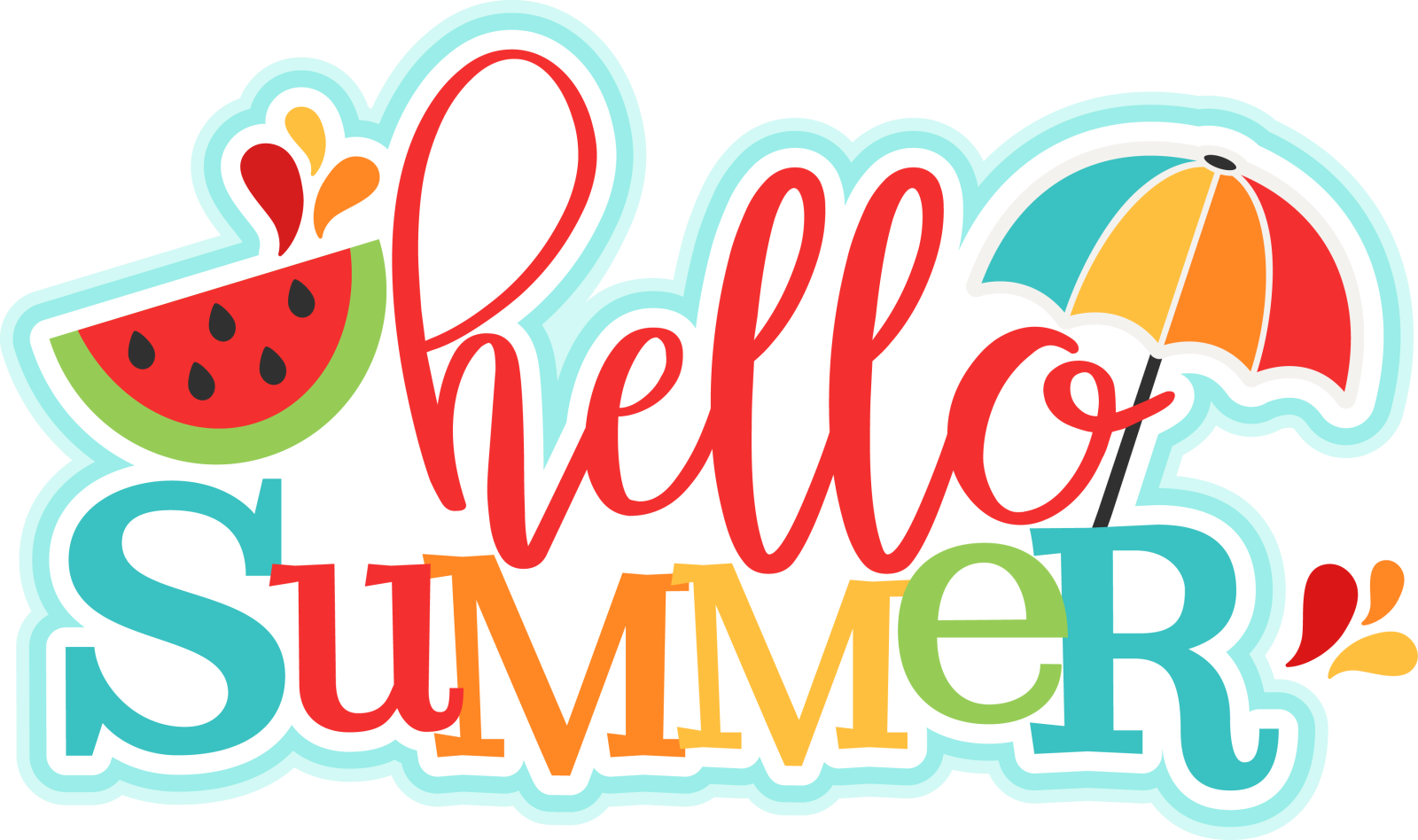 the words hello summer with watermells and umbrellas