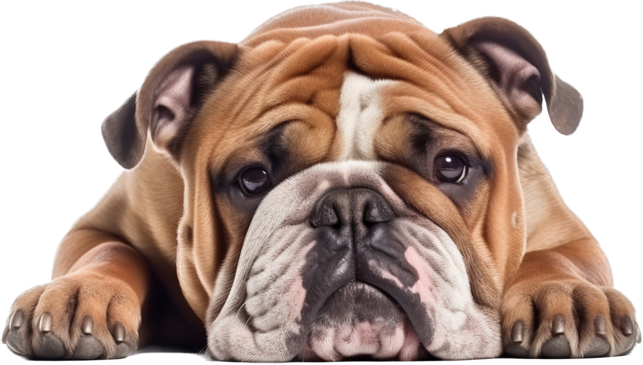 a brown and white dog laying down on the floor