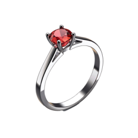 an engagement ring with a red stone