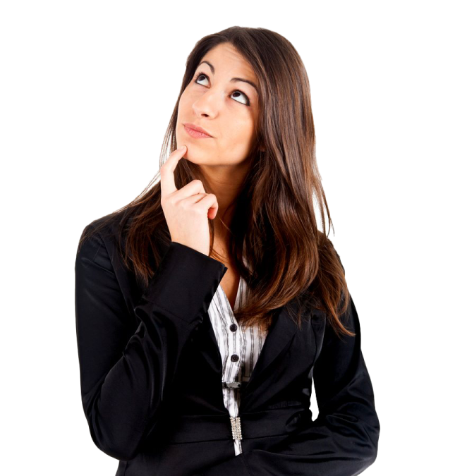 a woman in a business suit with her hand on her chin