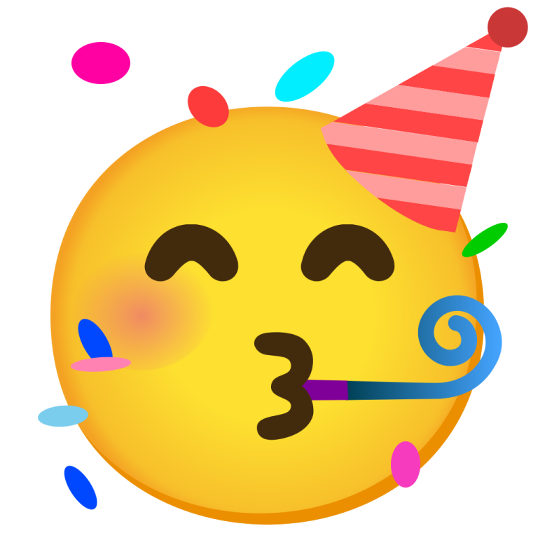 a smiley face with a party hat and streamers