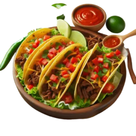 three taco beef tacoss on a plate with salsa sauce
