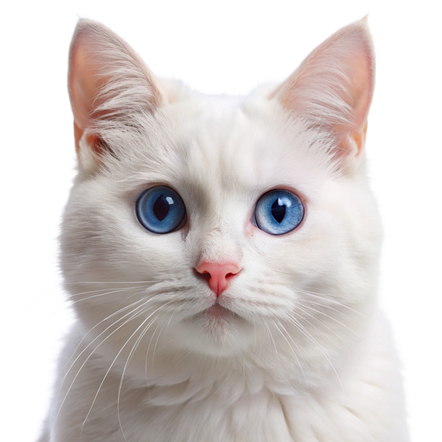 a close up of a white cat with blue eyes