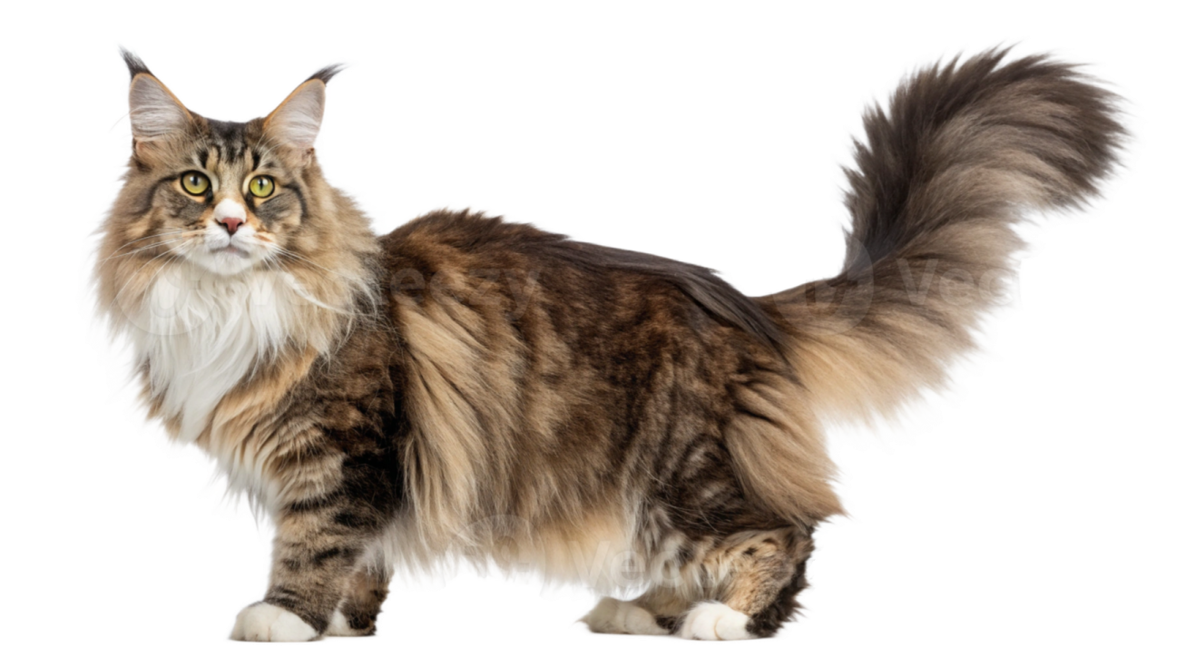 a long haired cat standing in front of a white background