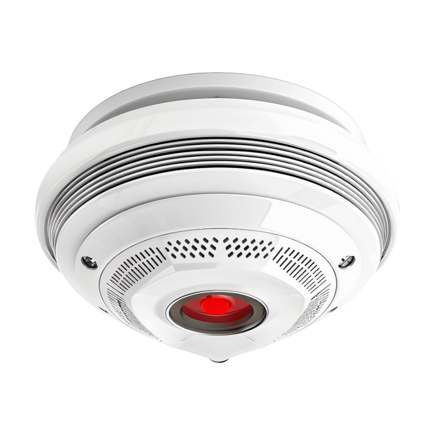 a white smoke detector with red light