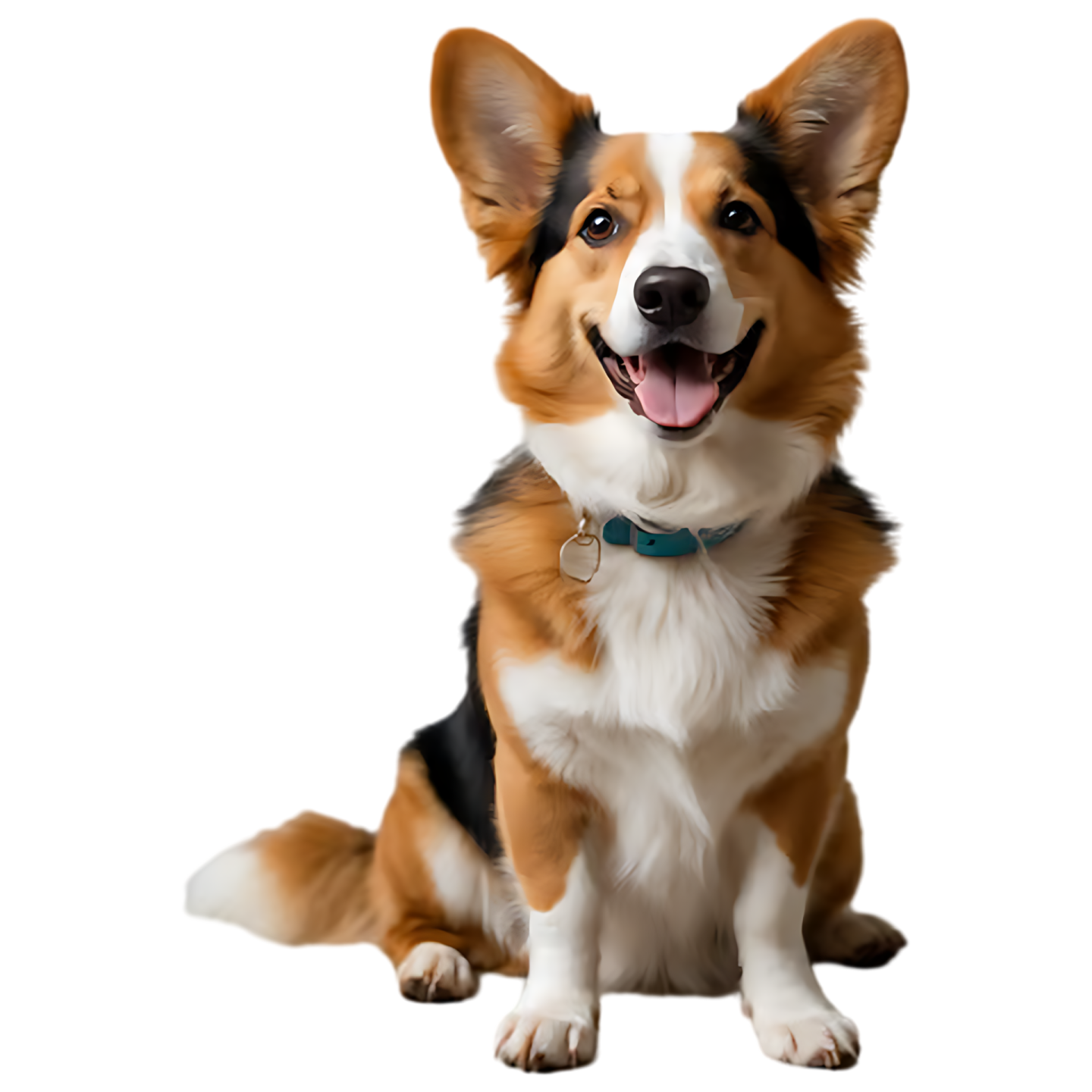 a brown and white dog sitting down with its tongue out