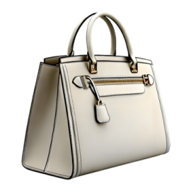 a white handbag with a metal handle