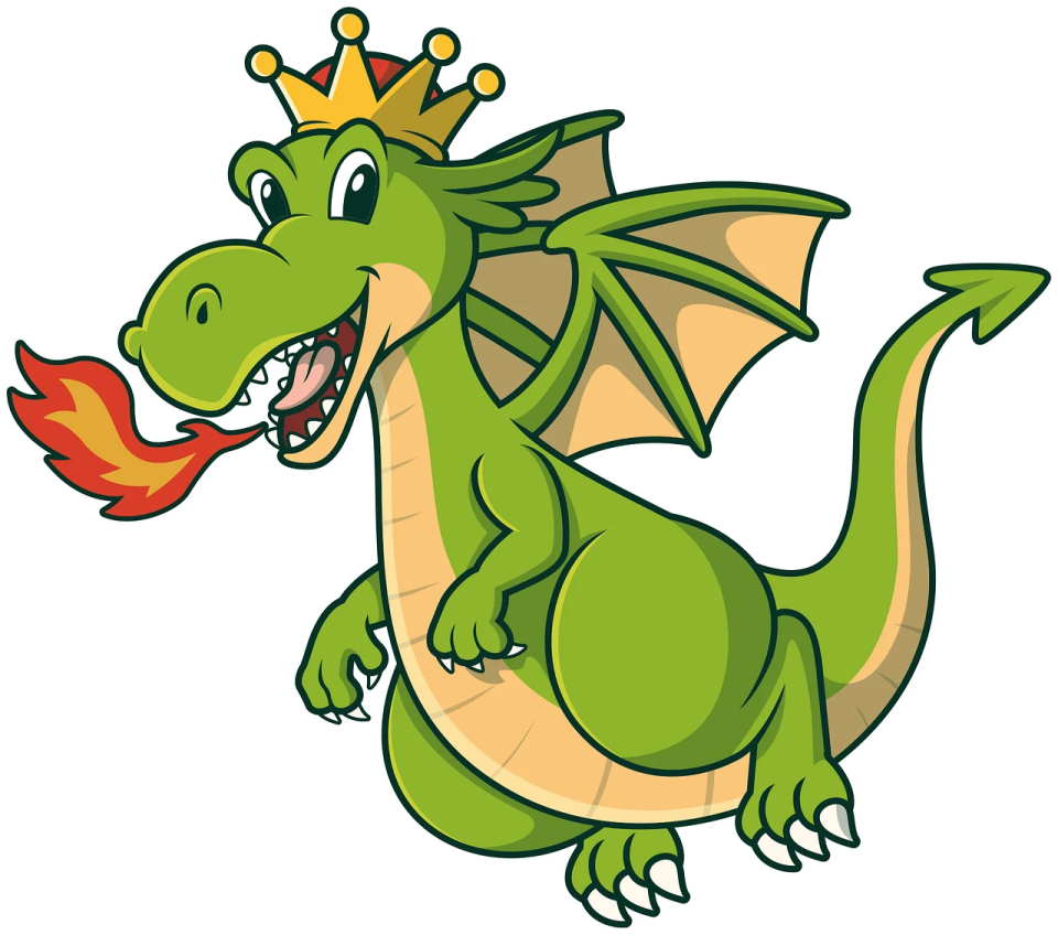 a cartoon green dragon with a crown on his head