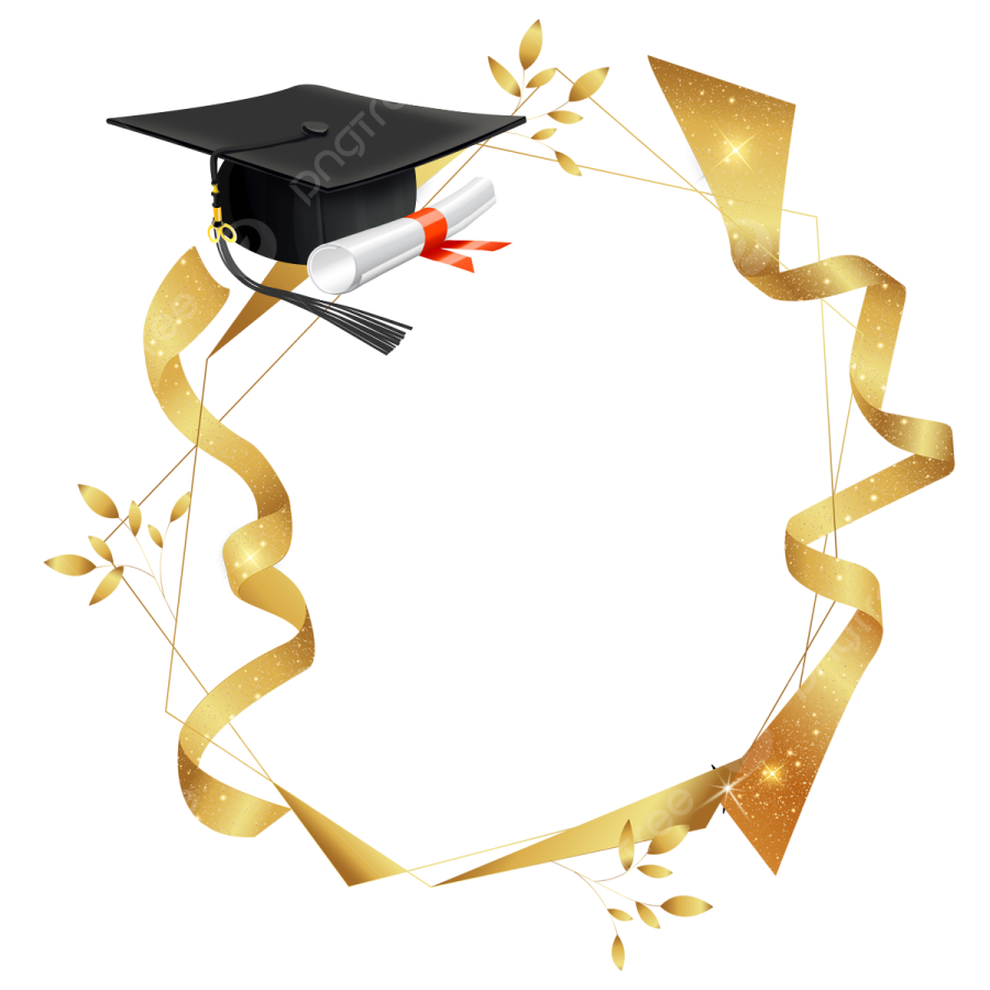 a graduation cap with gold ribbons around it