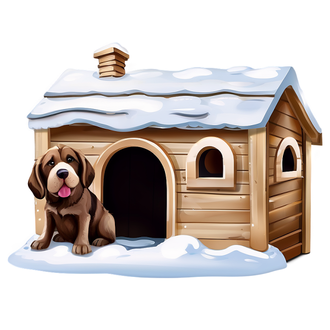 a brown dog sitting in front of a wooden doghouse