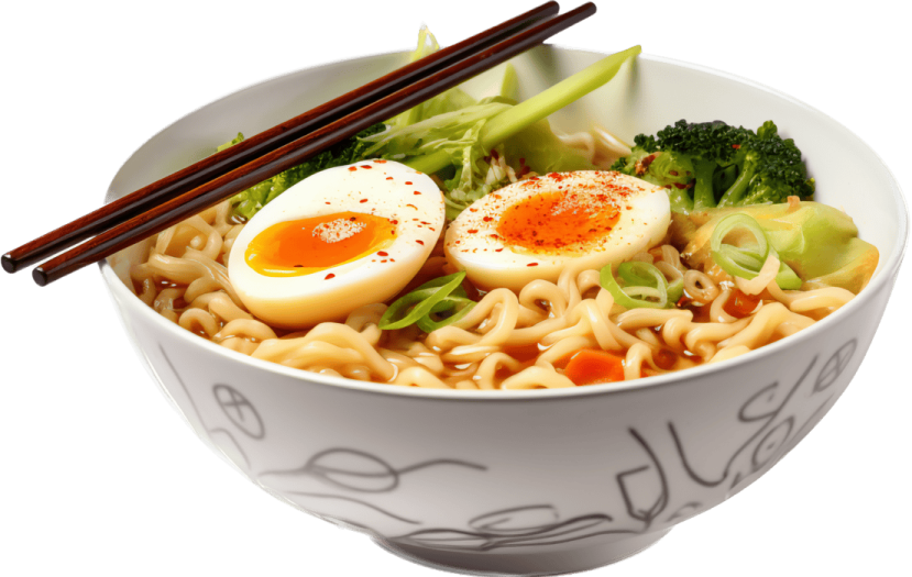 a bowl of noodles with eggs and vegetables