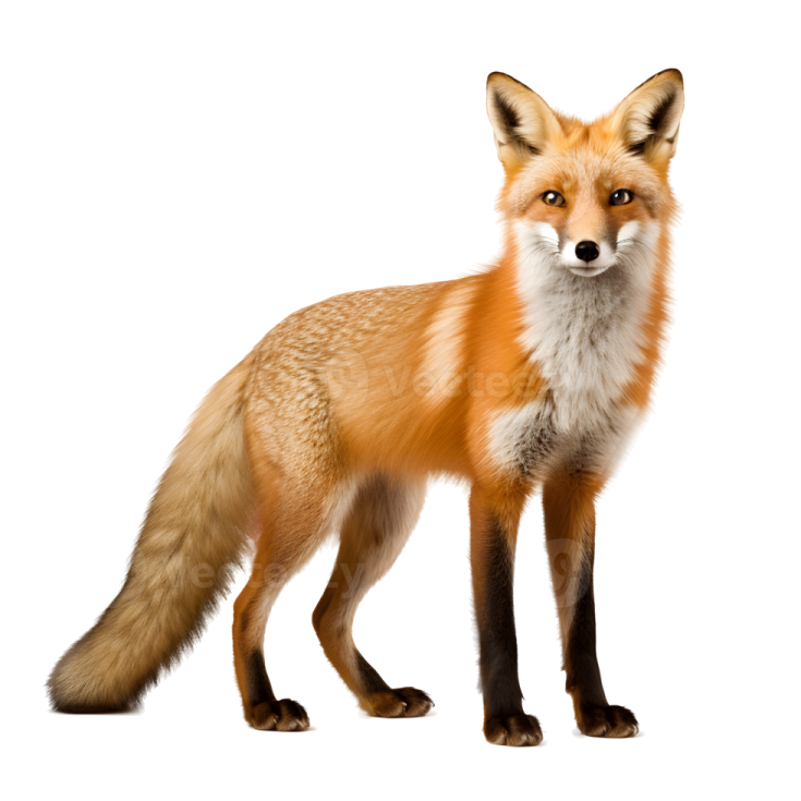 a red fox standing in front of a white background