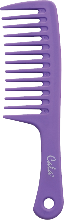 a purple comb with white letters on it