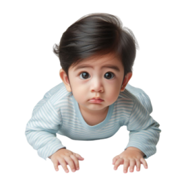a baby is looking up at the camera