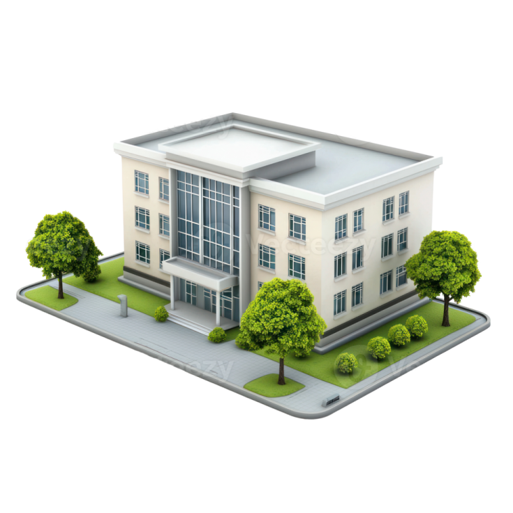 a 3d model of a house with trees and bushes