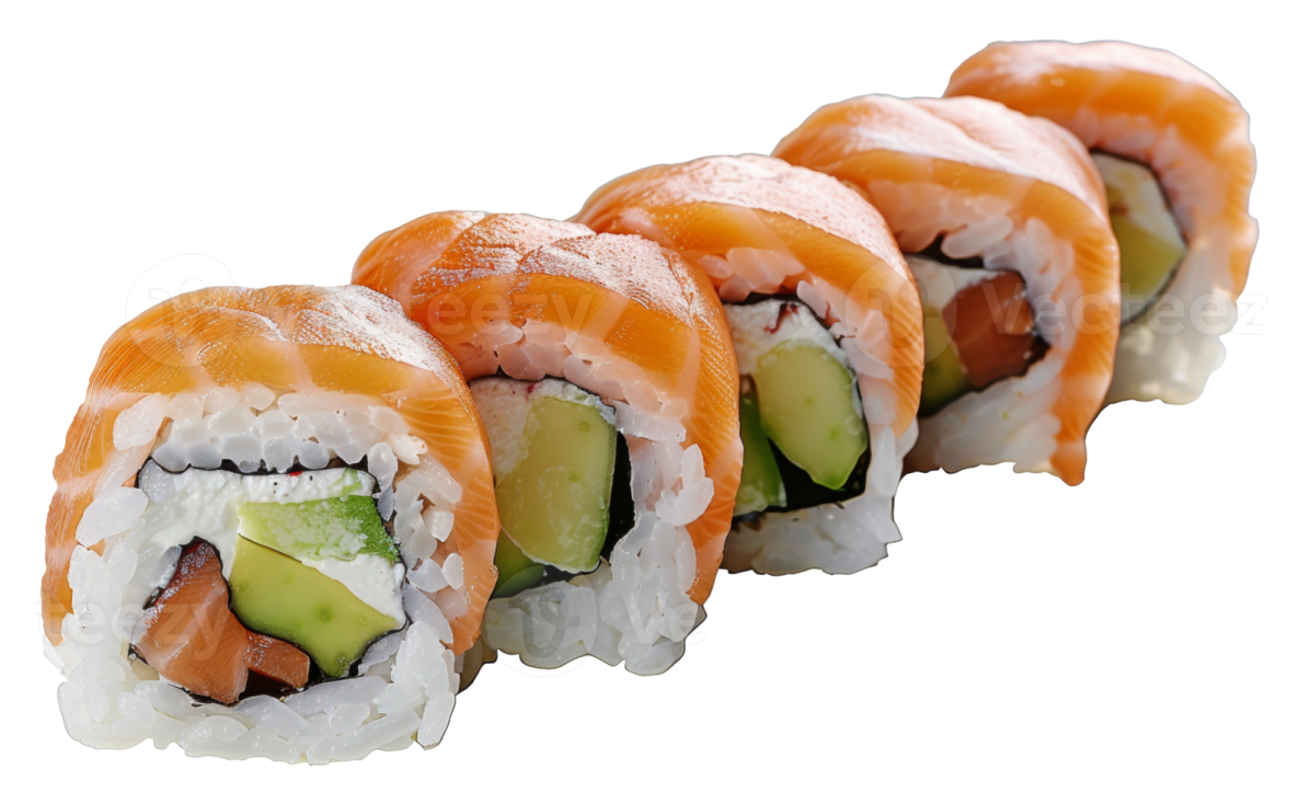 a roll of salmon and avoca on a white background