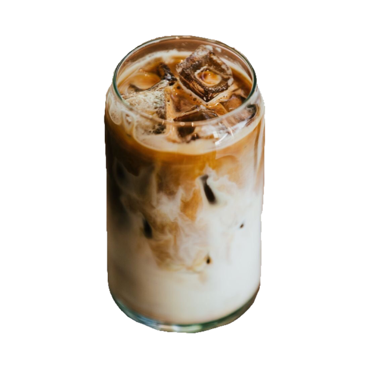 a tall glass filled with iced coffee