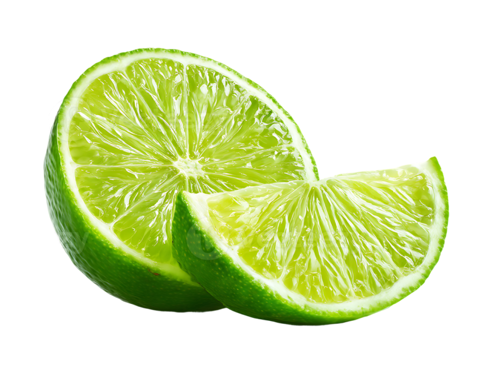two limes cut in half on white background