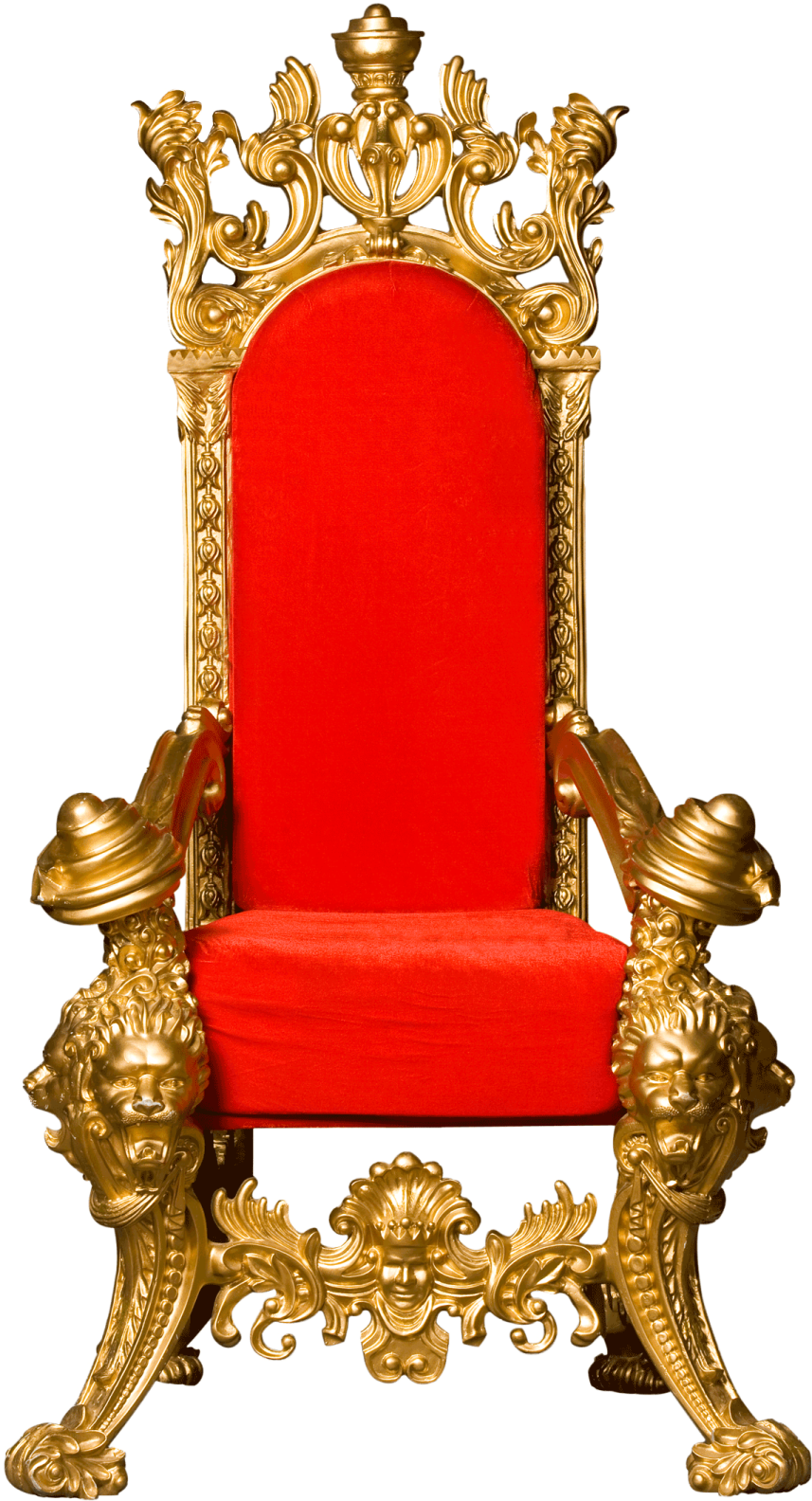 a red chair with gold decorations on it