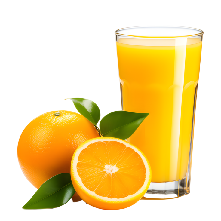 a glass of orange juice next to an orange