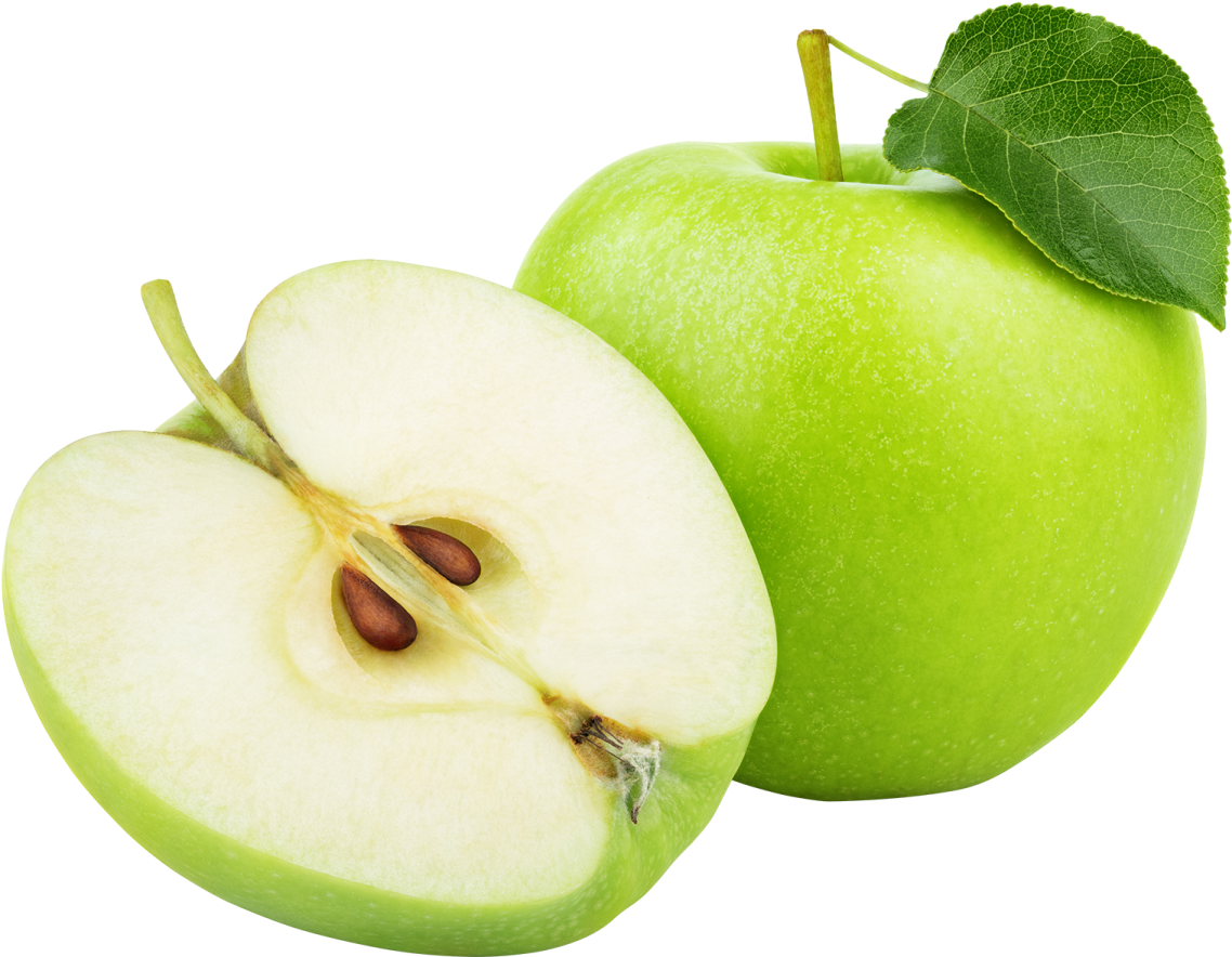 a green apple with a half cut in half