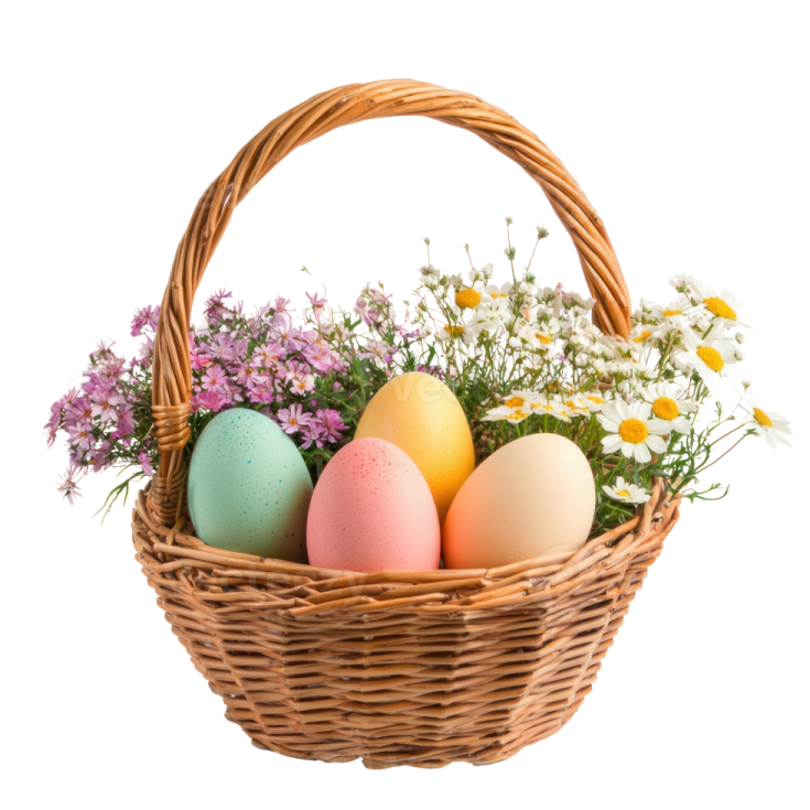 a basket filled with easter eggs and flowers