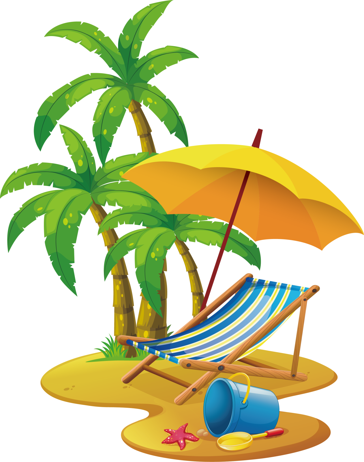 a beach chair with an umbrella and palm trees