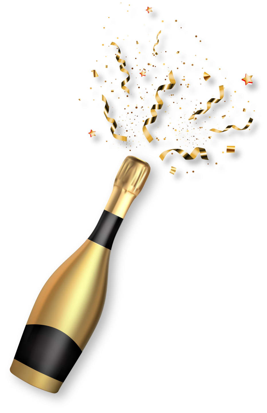 a bottle of champagne with gold confe