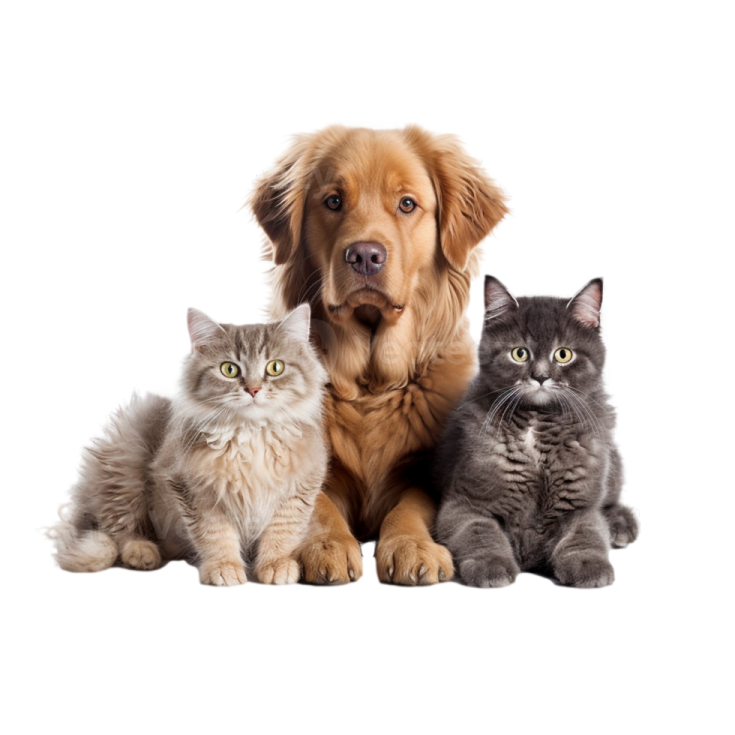 a dog and two cats sitting together