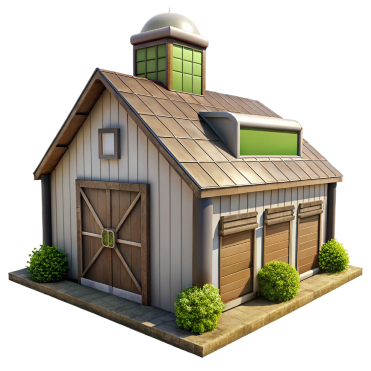 a small wooden barn with a green roof