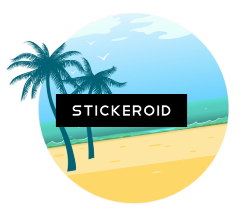 a beach scene with palm trees and the word sticko