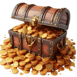 a wooden chest filled with gold coins