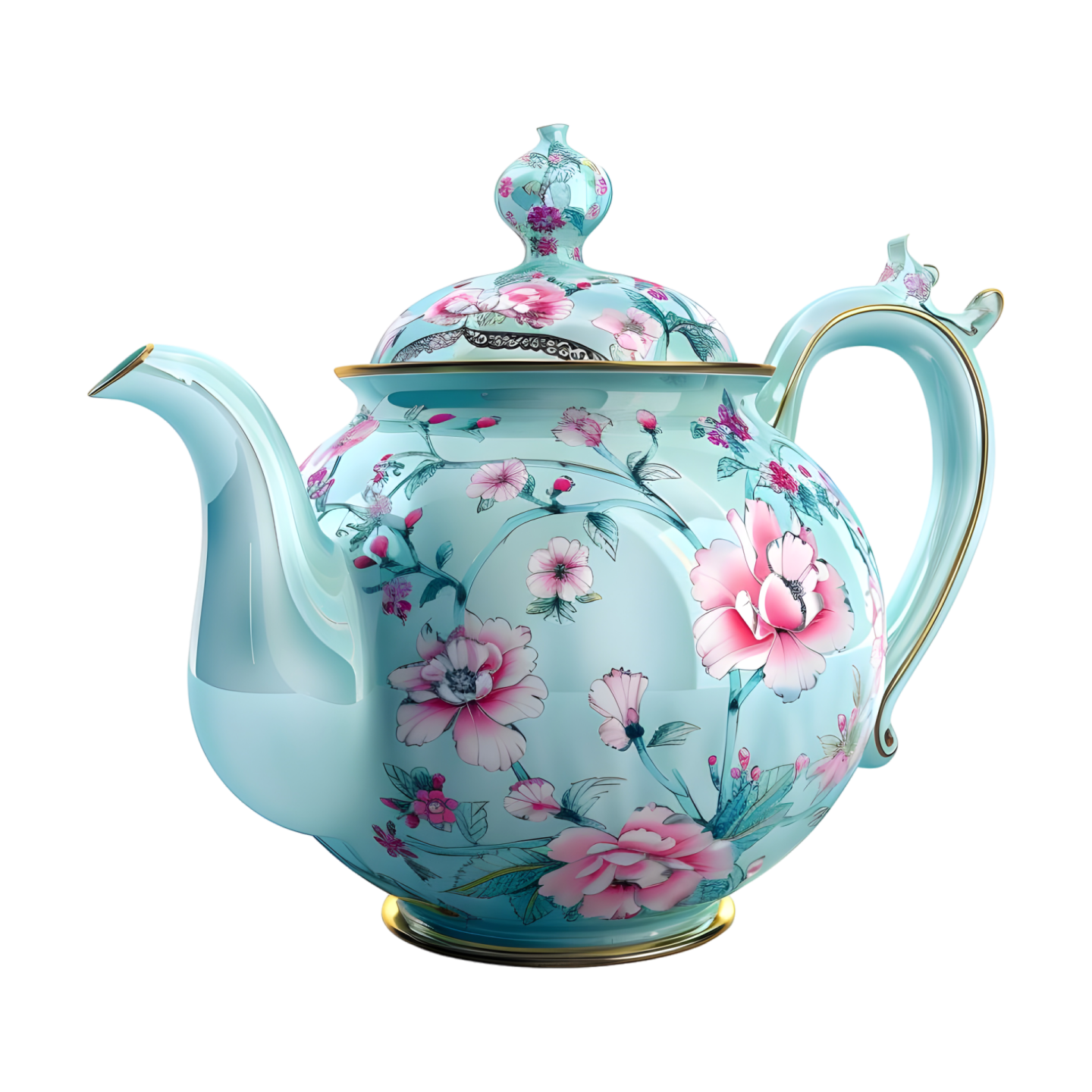a blue teapot with pink flowers on it