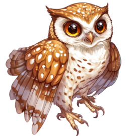 a brown and white owl with yellow eyes