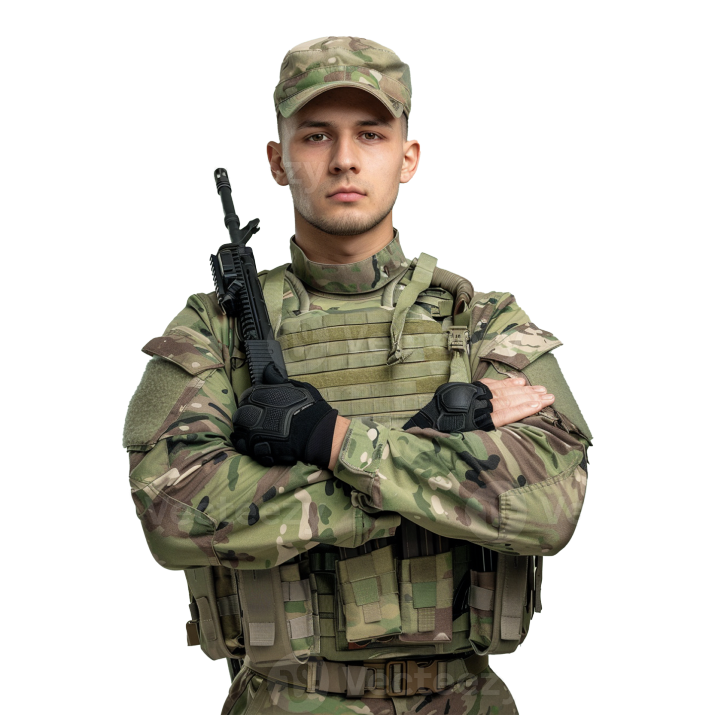 a man in military uniform standing with his arms crossed