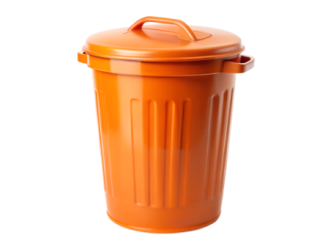 an orange trash can with a lid
