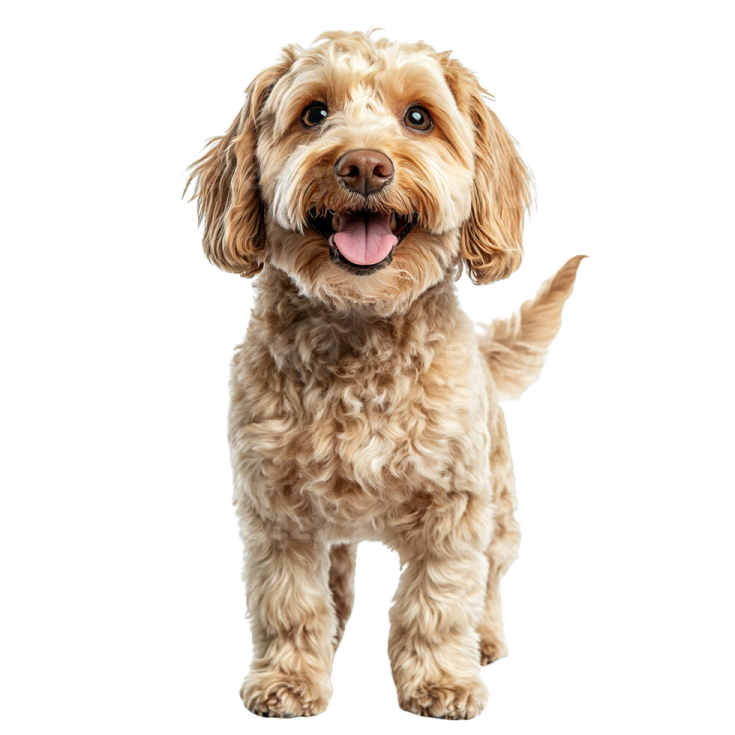 a small brown and white dog with its tongue out
