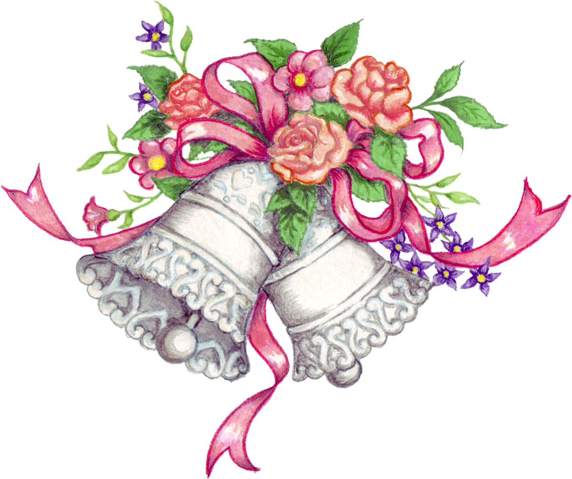 a pair of bells with flowers and ribbons