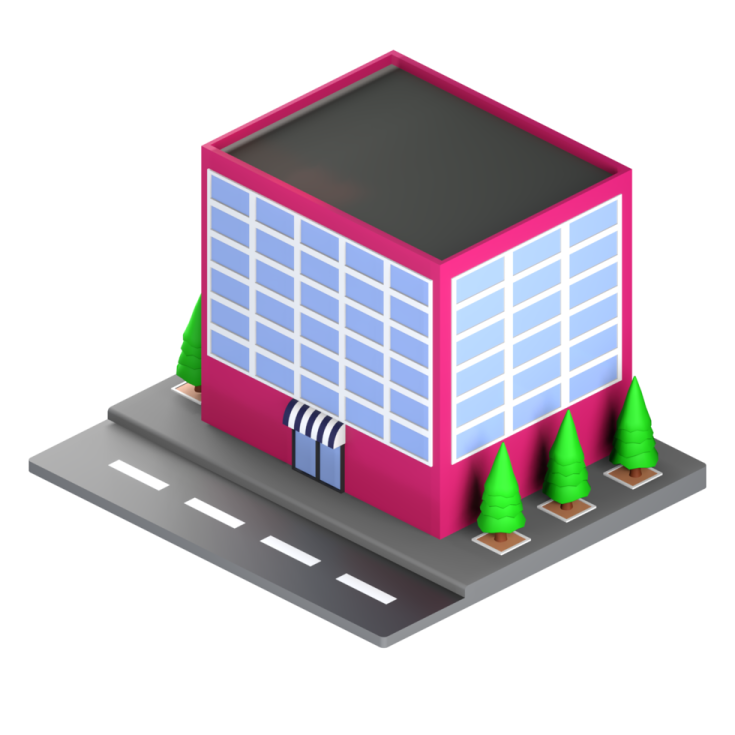 a pink building with trees on top of it