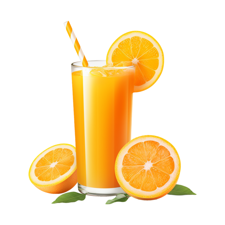 a glass of orange juice next to sliced oranges