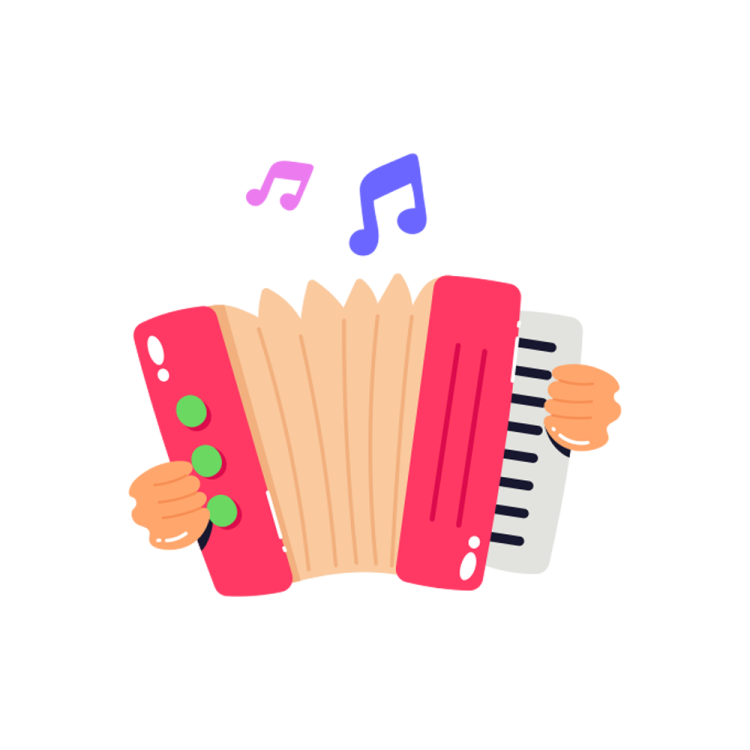 a hand holding an accordion with music notes