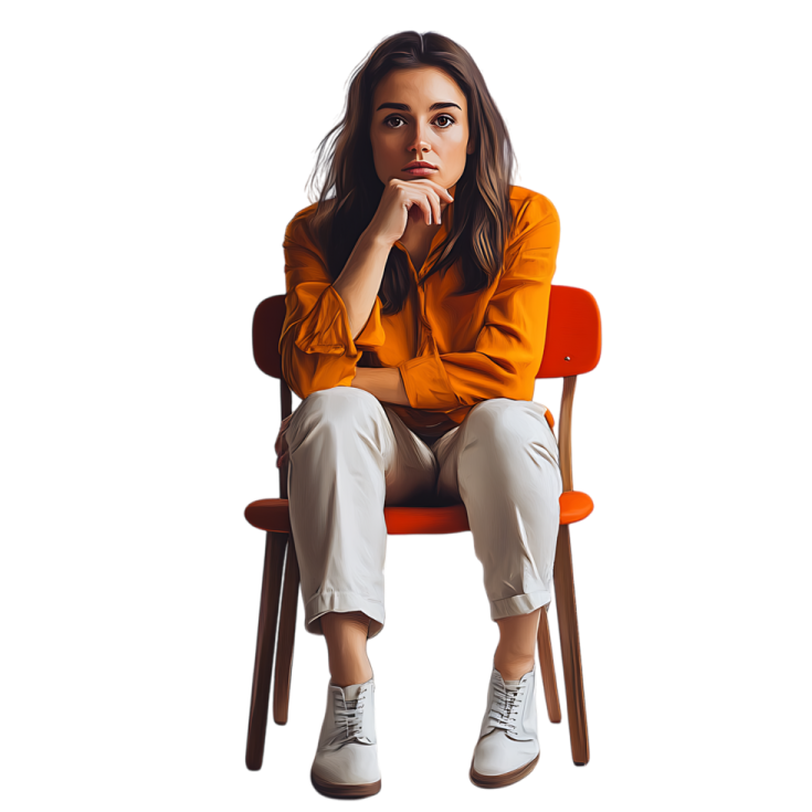 a woman sitting in a chair with her hand on her chin