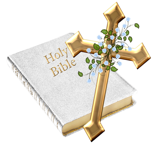 an open bible with a cross and flowers on it