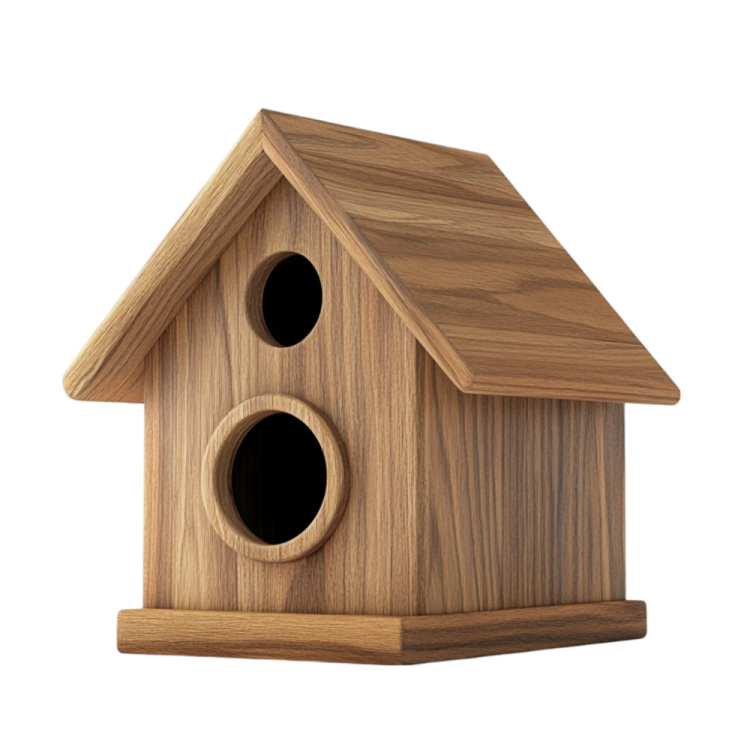 a wooden bird house on a white background